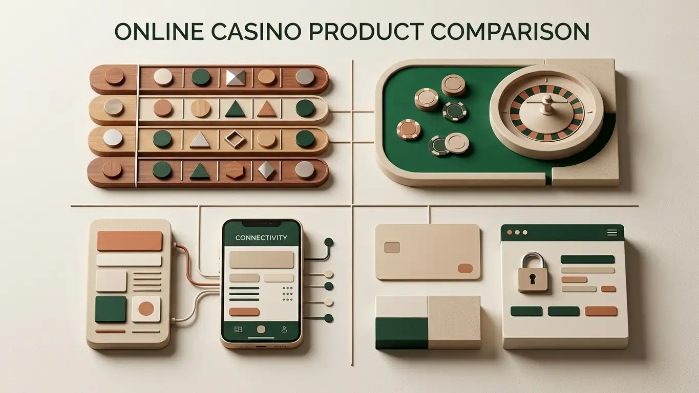Editorial illustration comparing slots, live casino, payments and mobile casino use