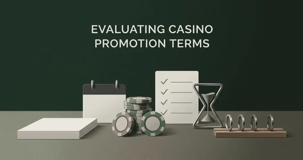 Editorial illustration of a casino bonus checklist covering deposit match, wagering and expiry