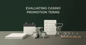 Editorial illustration of a casino bonus checklist covering deposit match, wagering and expiry
