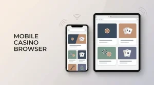 Editorial illustration of a casino website displayed on smartphone and tablet screens