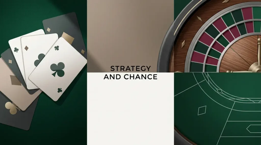 Editorial illustration of blackjack cards, roulette wheel and baccarat table motifs
