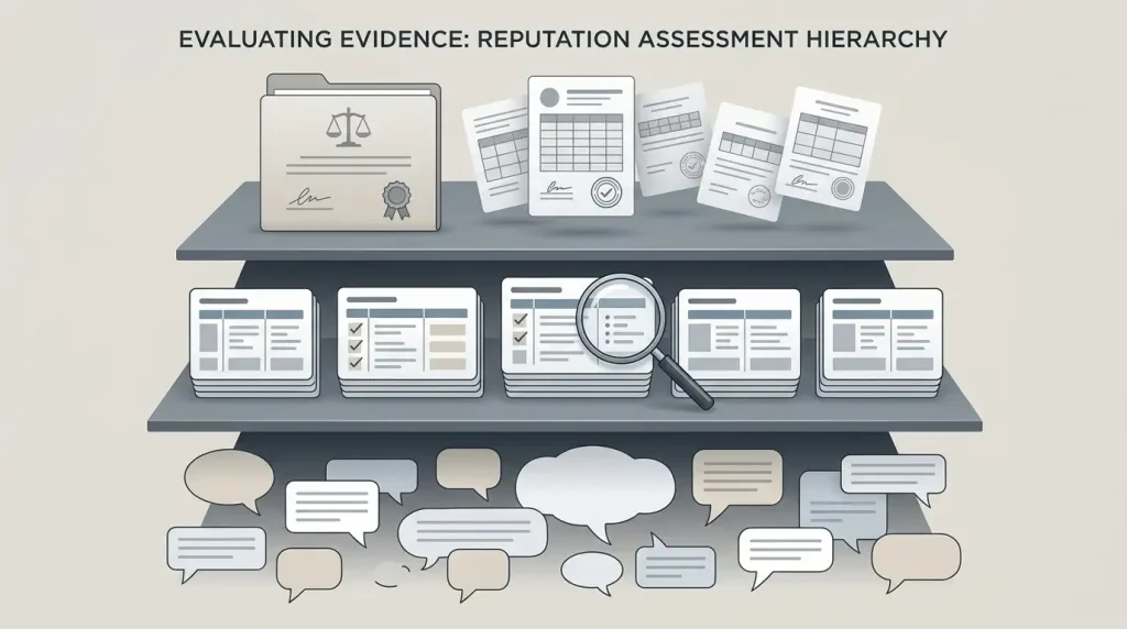 Editorial illustration showing regulator records, review platforms and individual comments as different evidence levels