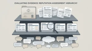 Editorial illustration showing regulator records, review platforms and individual comments as different evidence levels