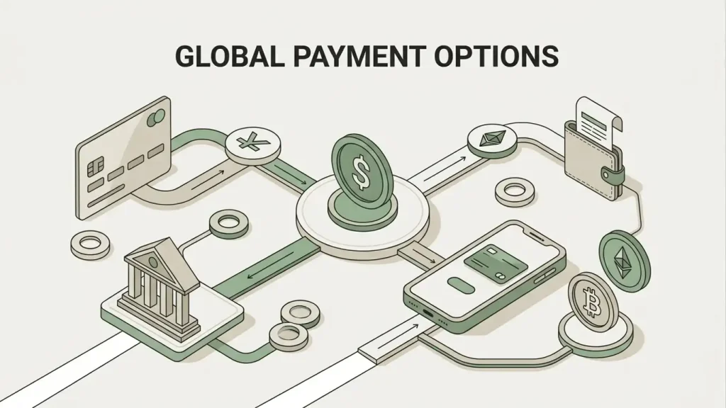 Editorial payment dashboard concept with card, bank transfer, e-wallet and cryptocurrency symbols