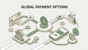 Editorial payment dashboard concept with card, bank transfer, e-wallet and cryptocurrency symbols