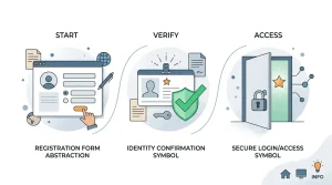 Illustrated account setup flow showing registration, verification and login stages