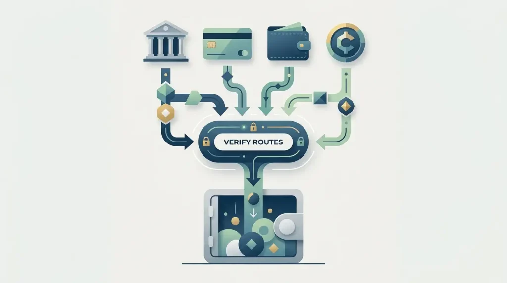 Illustrated deposit workflow with bank, debit, digital wallet and cryptocurrency categories