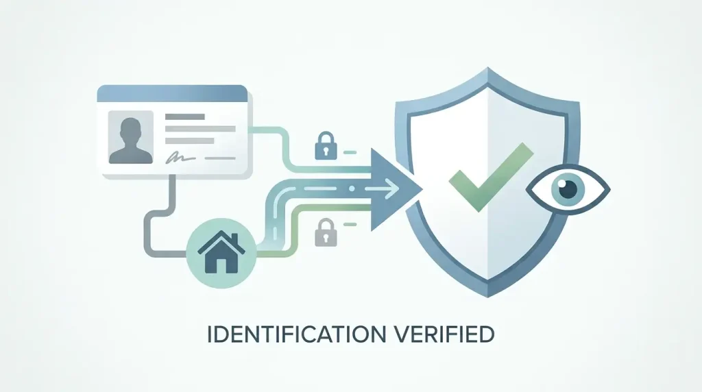 Illustrated identity verification flow with identity, address and confirmation stages