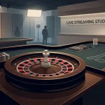 Illustrated live casino table scene with roulette and blackjack elements and no identifiable people