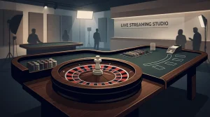 Illustrated live casino table scene with roulette and blackjack elements and no identifiable people