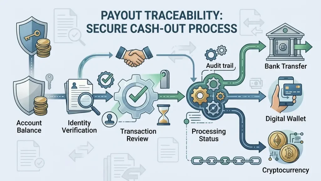Illustrated withdrawal flow from account balance through verification to bank, wallet or cryptocurrency destination
