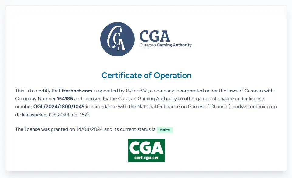 Official Curaçao Gaming Authority certificate for freshbet.com