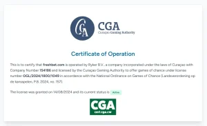 Real Curaçao Gaming Authority certificate for freshbet.com